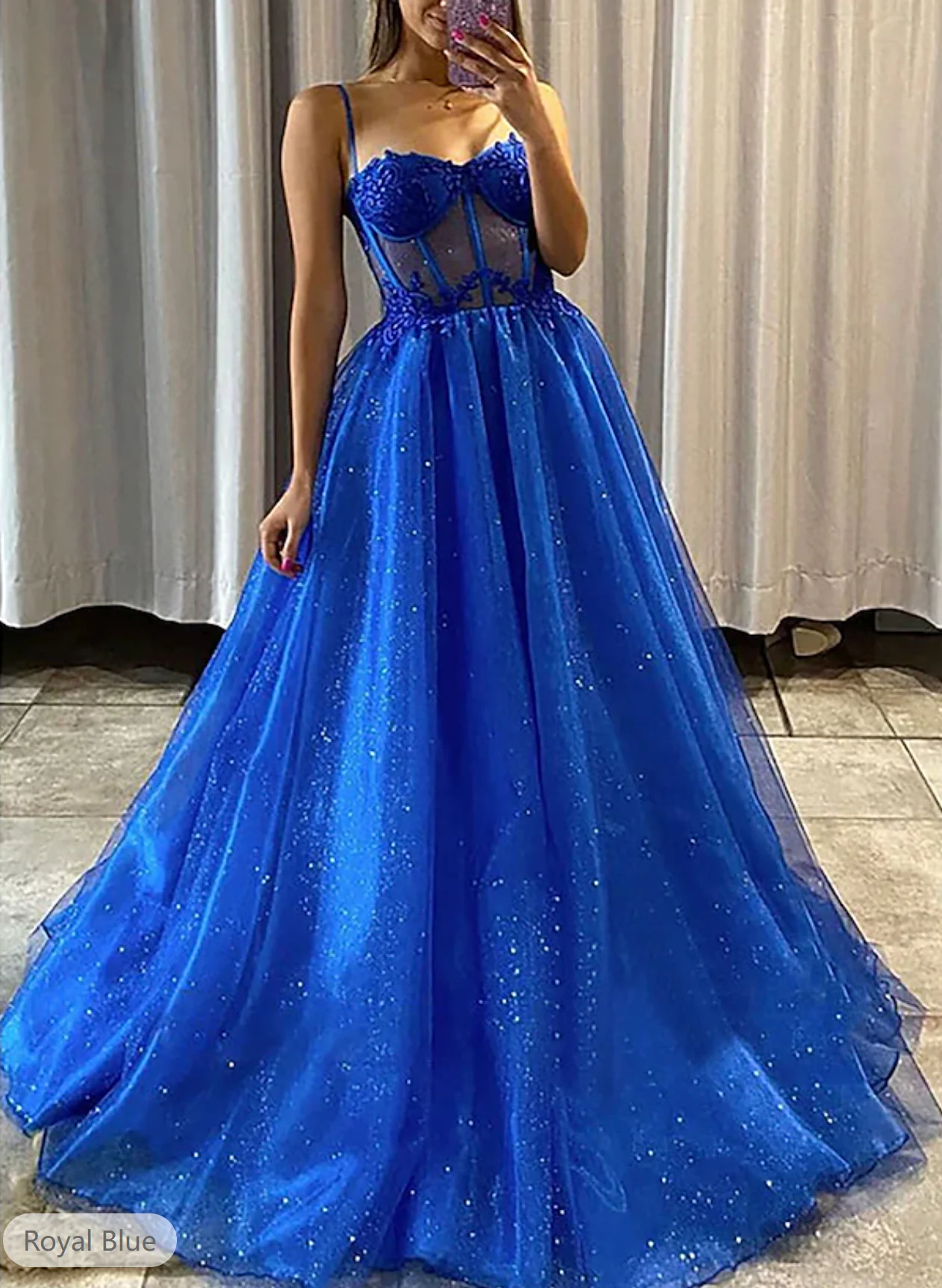 

A-Line Prom Dresses Formal Wedding Party Floor Length Sleeveless Spaghetti Strap Tulle Backless with Appliques