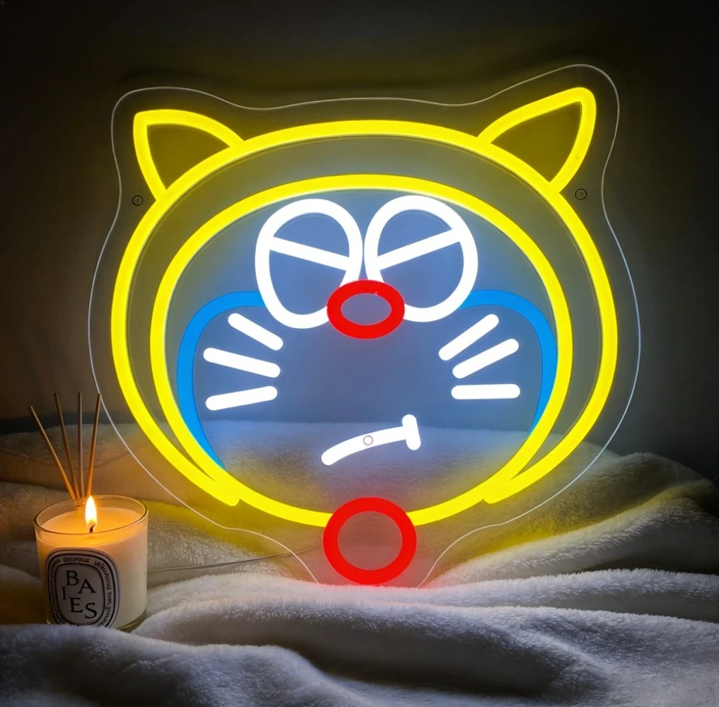 

Неоновая вывеска «Улыбающийся Дораэмон с желтыми ушами» для игровой комнаты, USB-светильник с регулировкой яркости, светодиодный неоновый светильник для детской спальни, настенный ночник в стиле каваи