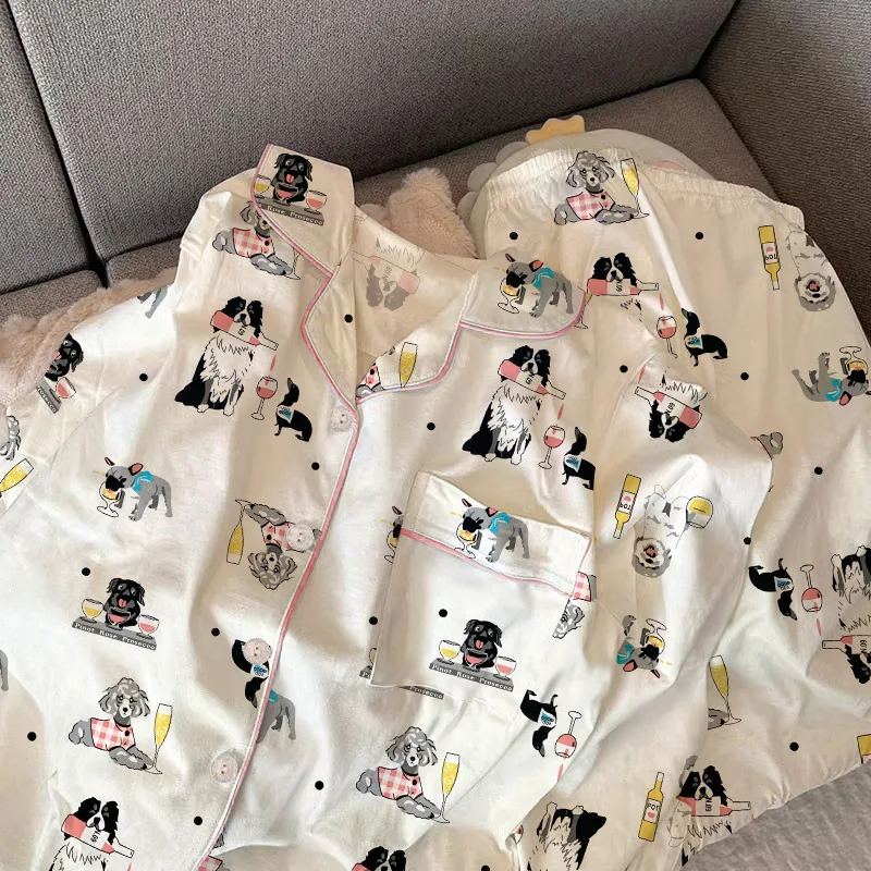 Spring and Autumn Models of Women\'s Pajamas Homewear Two-Piece New Simple Wind Cute Cartoon Pajamas Cardigan Long-Sleeved Suit