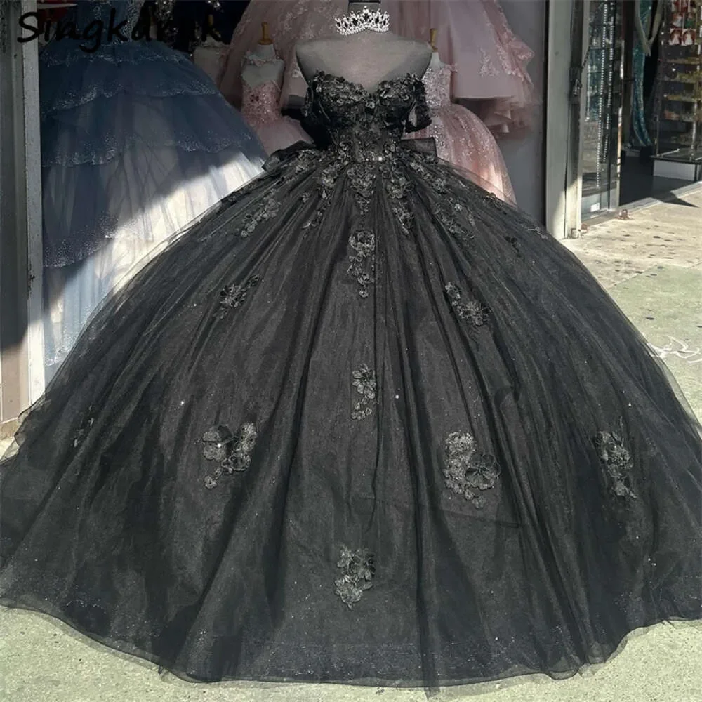 ANGELSBRIDEP Gliitering Black Quinceanera Dresses Flower Beading Lace Appliques Birthday Party Vestidos De 15 Anos Off-Shoulder