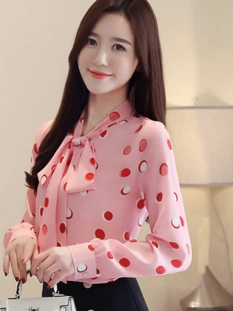 Automne nouveau Sle femmes irt rose coeur imprimé mousseline de soie haut nœud conception Simple coréen Sle Faion Sensation ort Sve