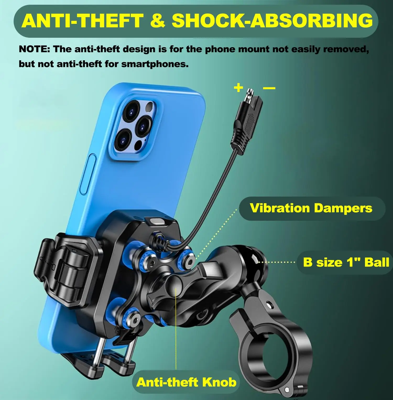 Support de téléphone pour moto, chargeur sans fil 15W et USB C 36W, charge rapide pour téléphones de 5.2 à 7.2 pouces jusqu'à 15mm d'épaisseur