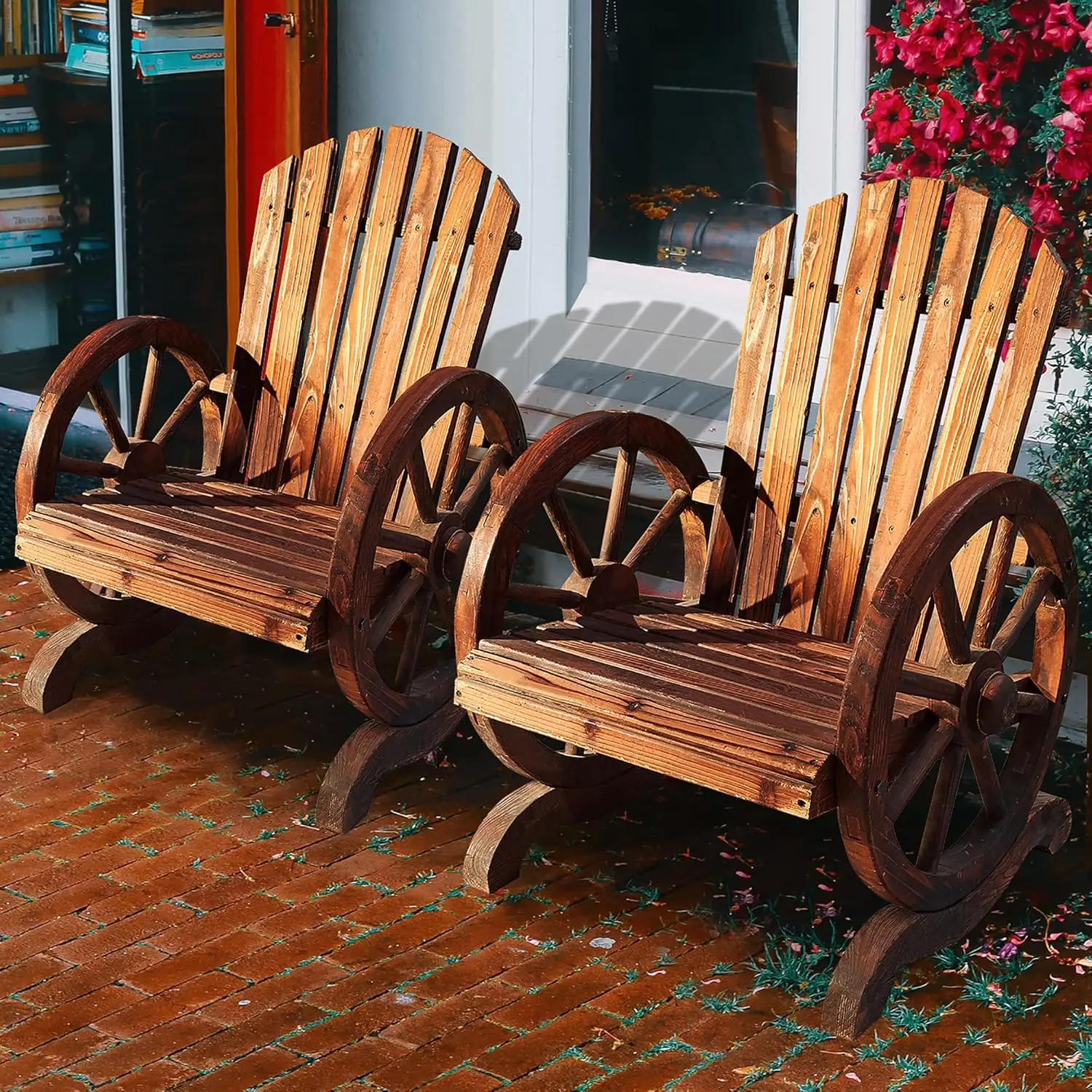 PatioFestival Adirondack Chairs Set of 2 Brown Outdoor Wooden Patio Chair with Wagon Wheel Armrest Wood Knots