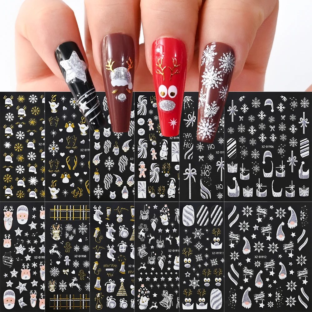 12 Stücke Silber Glitter Weihnachten Nagelaufkleber 3D Winter Schneeflocke Elch Weihnachtsmann Klebeschieber Weihnachten Abziehbilder Nageldekoration