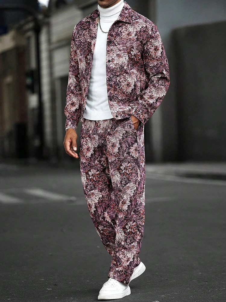 Trendy Mens Loose Two Piece Suits Vintage Pattern Printed Long Sleeve Shirt And Pants Sets Men 2025 Spring Autumn Casual Outfits