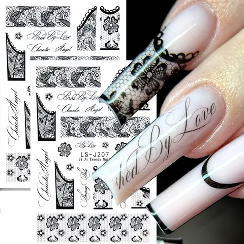 Vintage Black Lace Floral Letter Decals Lily Flower Cursive Script Nail Sticker Elegant Manicure Decorations For Women Girls