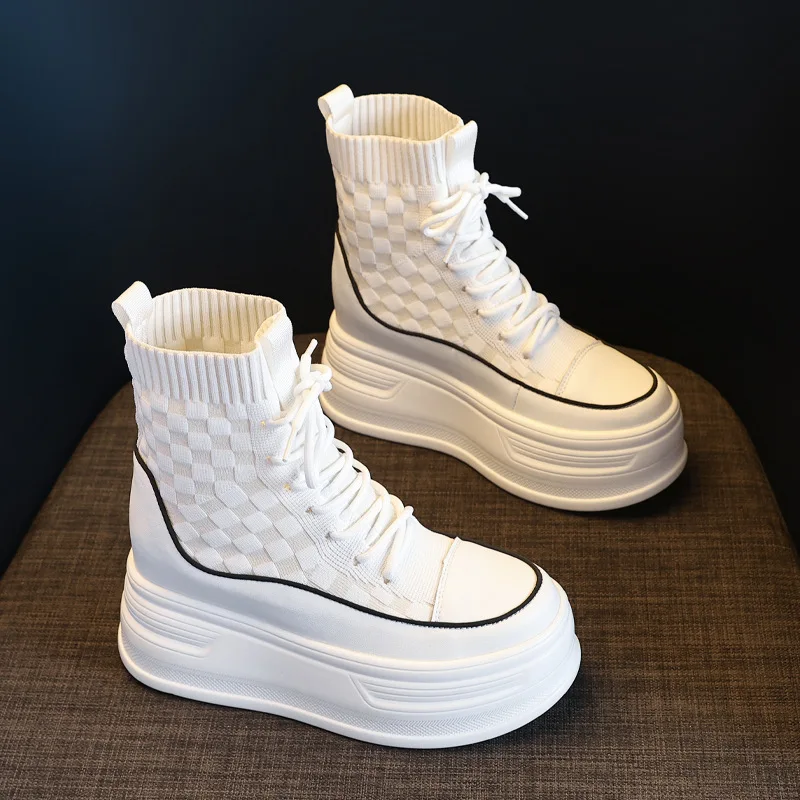 

8cm Spring Knitted High Top Ankle Boots Women's High On Platform Shoes Casual Elasticity Fashion Daily Routine Ladies Footwear