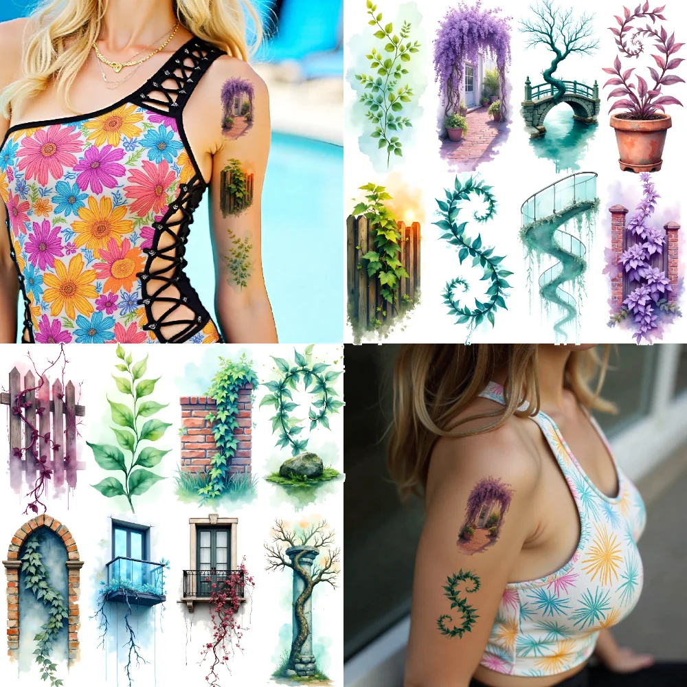 9 قطعة حجر الوشم المؤقت الممر ملصقات الوشم المؤقت الكرمة مغطاة جدار جسر منحني المائية مدينة الثعبان للأسلحة