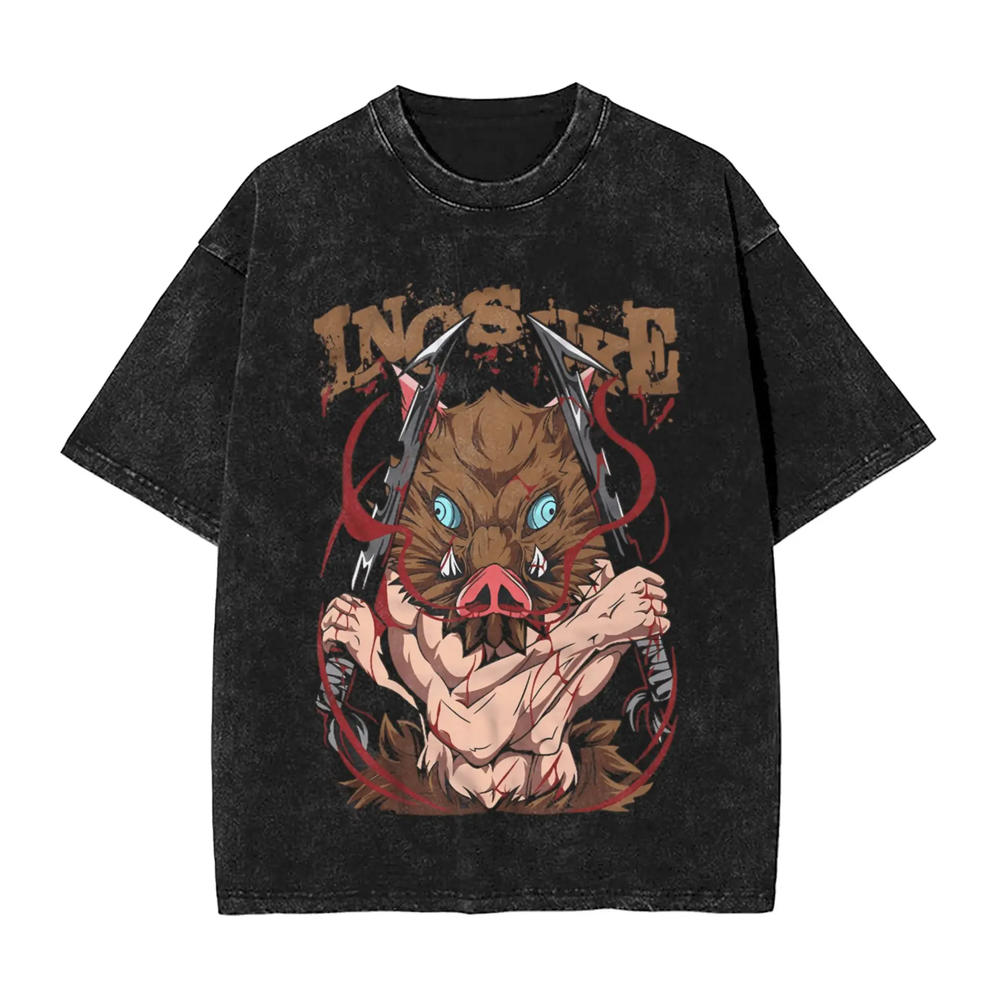 Inosuke Men T Shirt Washed  Vintage Tees Short Sleeve Round Collar T-Shirt 100% Cotton Plus Size Tops