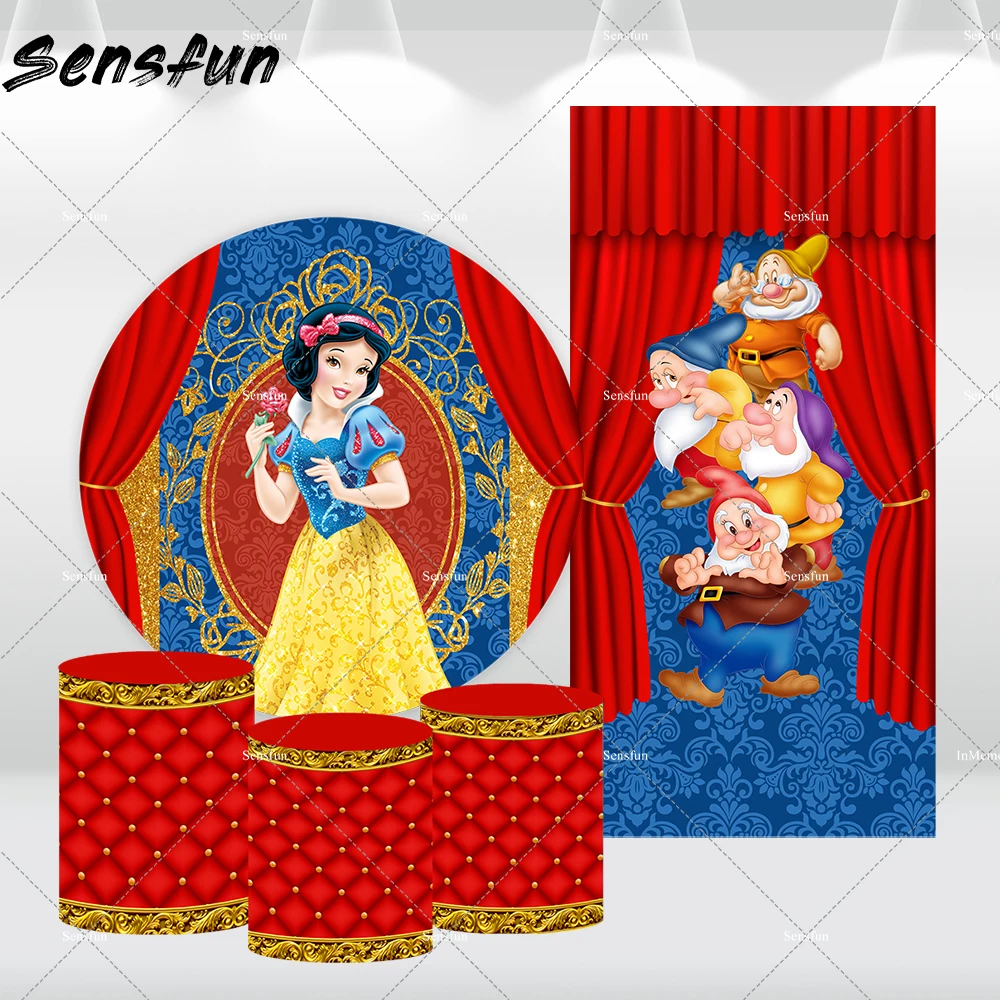 خلفية مستديرة بيضاء ثلجية للأميرة ، غطاء قوس حفلات الأقزام السبعة ، خلفية جدارية للفتاة ، لافتة عيد الميلاد الأول ، ستائر حمراء