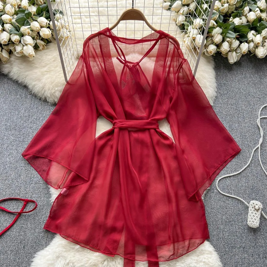 Women Vintage Printing Hanging Neck Wide Sleeves Top With Sheer Chiffon Robe And Short Sexy and Elegant  Chinese 3 Piece Set