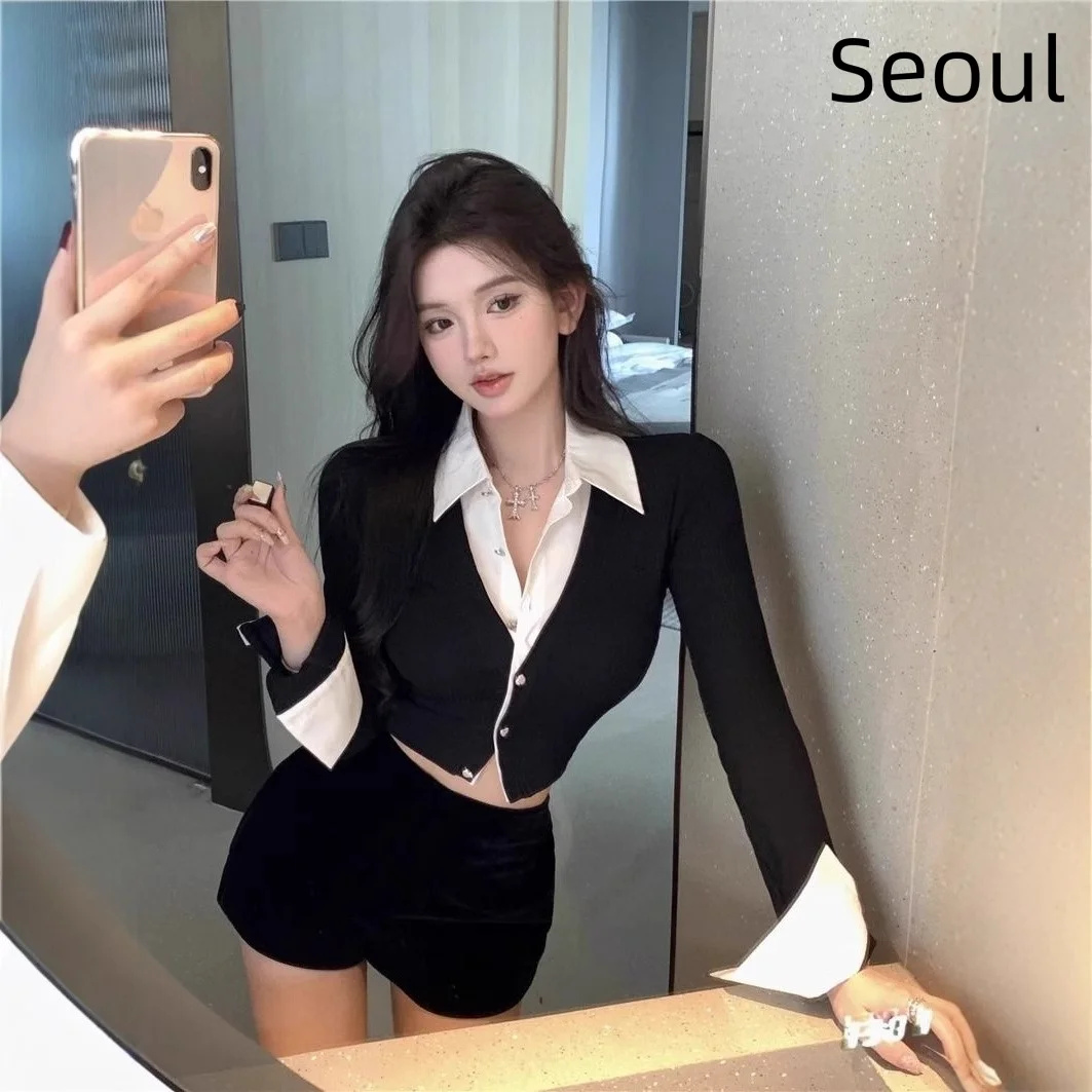 Design Sensual Early Autumn Short Sexy Spicy Girl Pure Desire Fake Two-Piece Shirt Women's Fashion Top