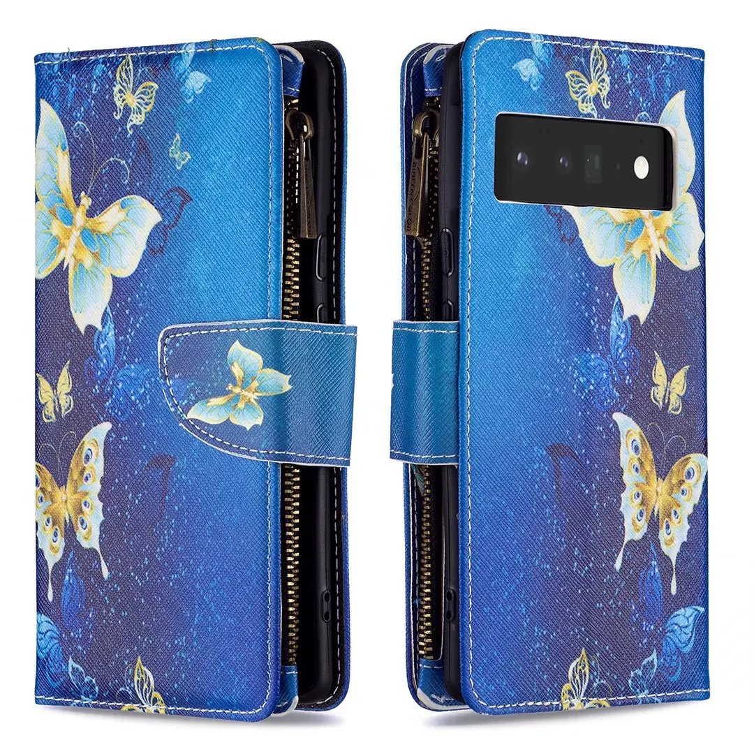 100pcs/Lot Patterns Leather Case For Google Pixel 8 7A 7 6 Pro Flower Zipper Design Card Holder Wallet Cover