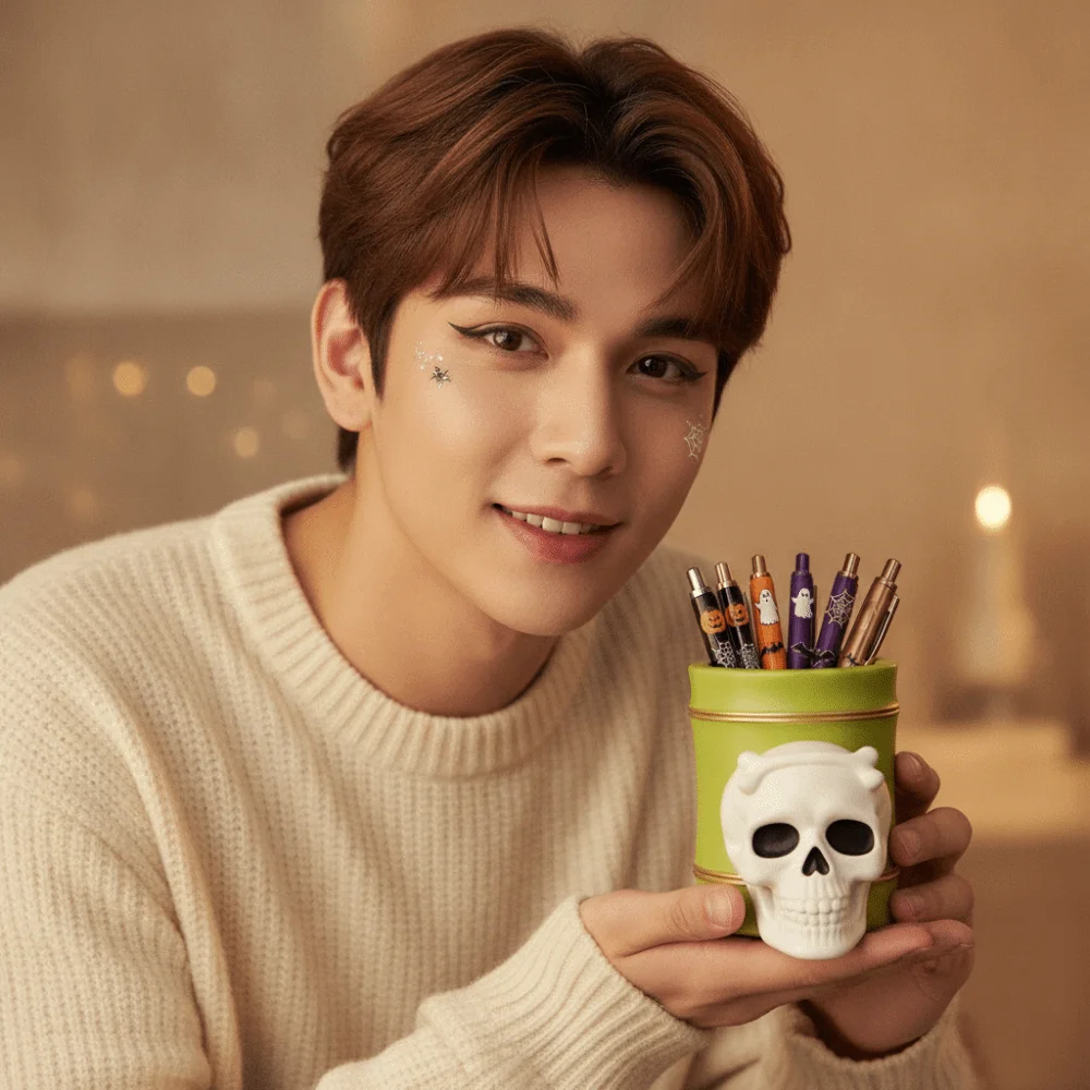 Creative Halloween Pen Holder Green Barrel Vivid 3D Ghost Pencil Cup Waterproof Durable Skull Desk Organizer Festival Prop