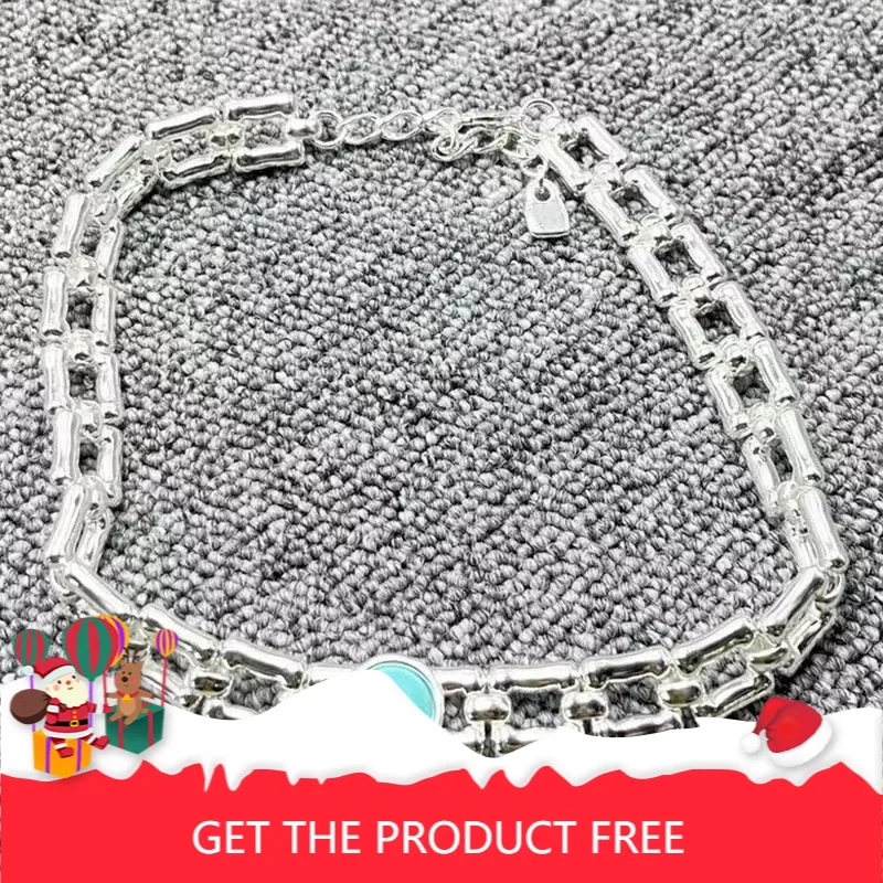 

2025 Versatile daily silver square chain link turquoise necklace for women's jewelry in Europe and America