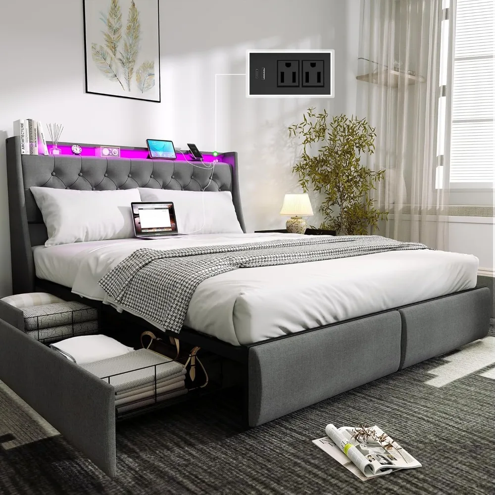 

Queen Size Bed Frame with 4 Storage Drawers and LED Lights, Queen Bed Frame with Upholstered Headboard and Charging Station, Ste