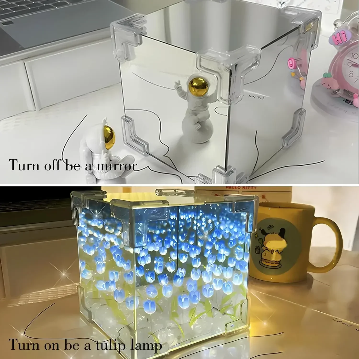 DIY Tulip Night Light Luminous Ornament Mirrors Simulation Flower Light INS Decor LED Table Lights Desktop Mirror Light Gifts