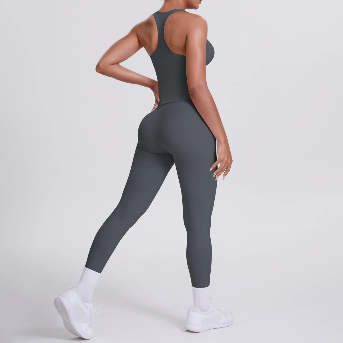 Hamidou 2-teiliges Damen-Yoga-Set, schnell trocknende, hüftformende Fitnesshose, Yoga-Leggings, einfarbig, Gym, schöner Rücken, I-förmige Weste – Detail 34
