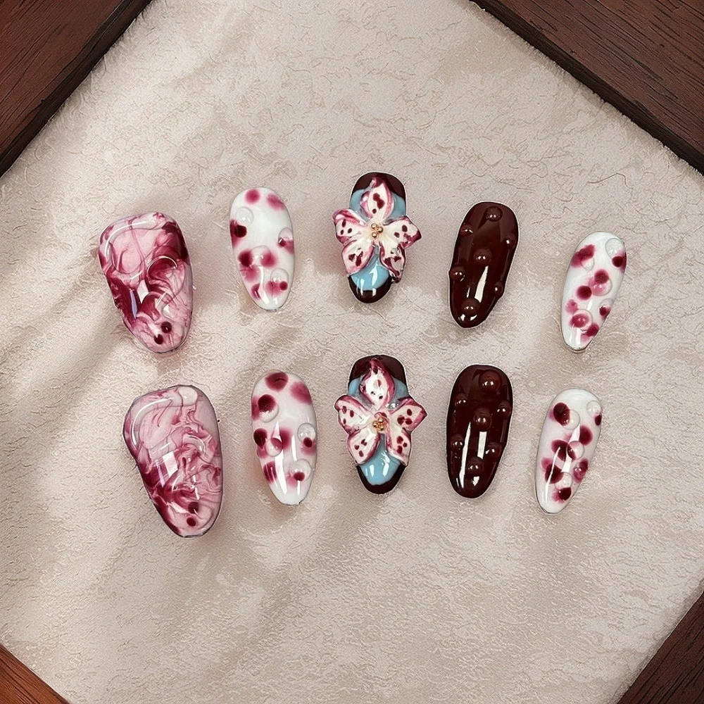 

10PCSHandmade Wear Nail Halo Hand-painted Three-dimensional Sculpture White Senior In The Long Almond-shaped Manicure Nail Plate