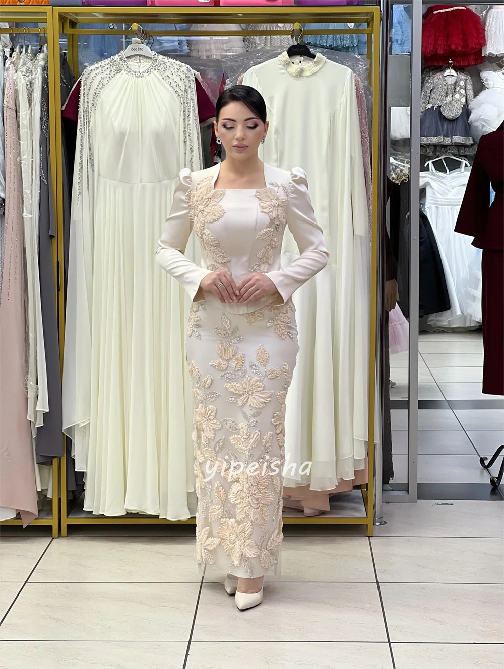 Customized High Quality Sparkle Jersey Handmade Flower Sequined Straight Prom Dresses Square Neck Long Sleeves Evening Dresses image 4