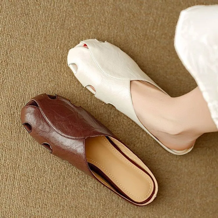 

Designer-style Niche Hollow Round-toe Mule Half-slip High-top Flat Open-back Summer Slippers for Women