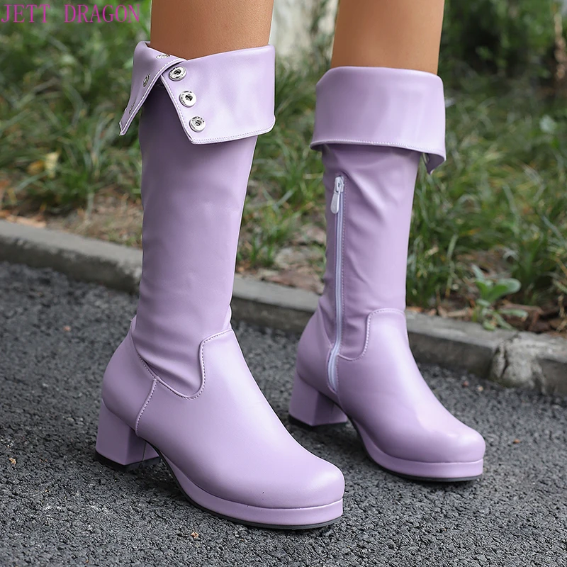 

Plus Size Candy Colored PU Material Side Zipper Rivet Sleeve Knee High Boots Square Heel Waterproof Table Sweet Girl Boots