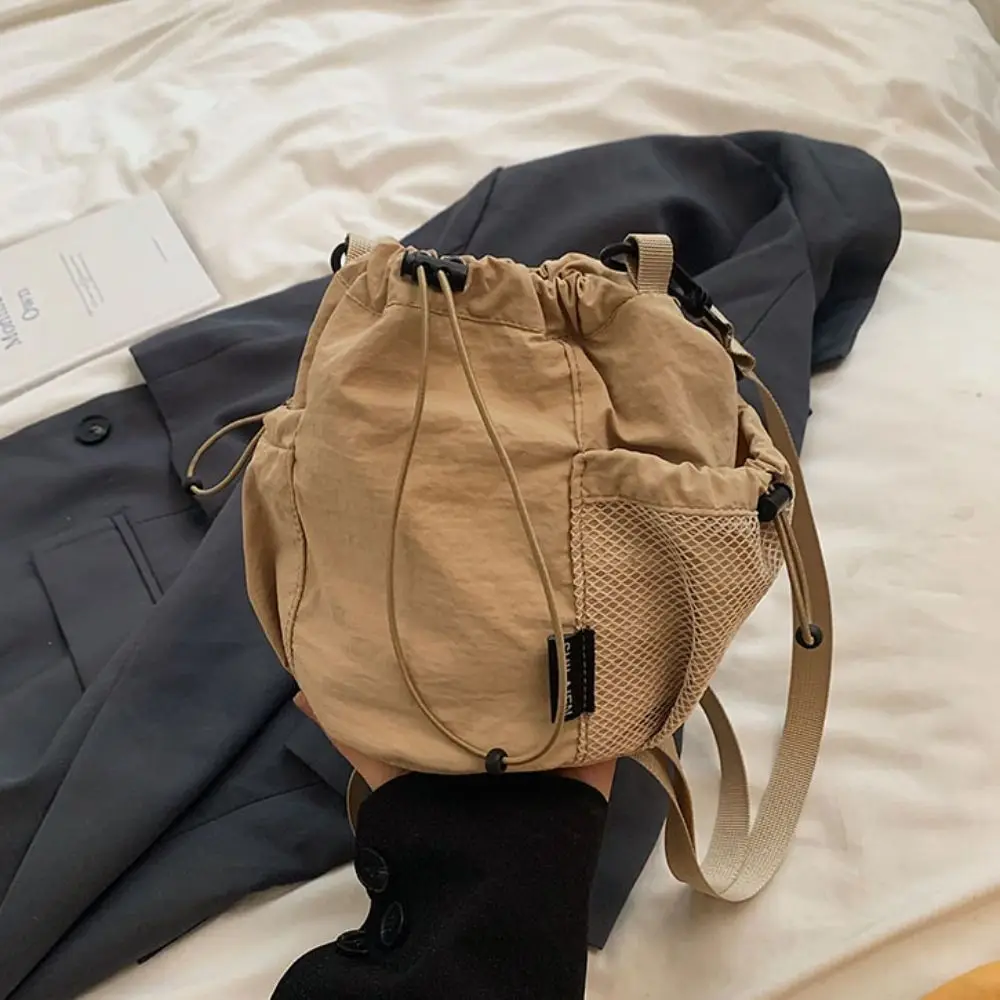 

Cute Korean Style Drawstring Bucket Bag Solid Color Wrinkle Nylon Crossbody Bag Large Capacity Mesh Shoulder Bag Girls