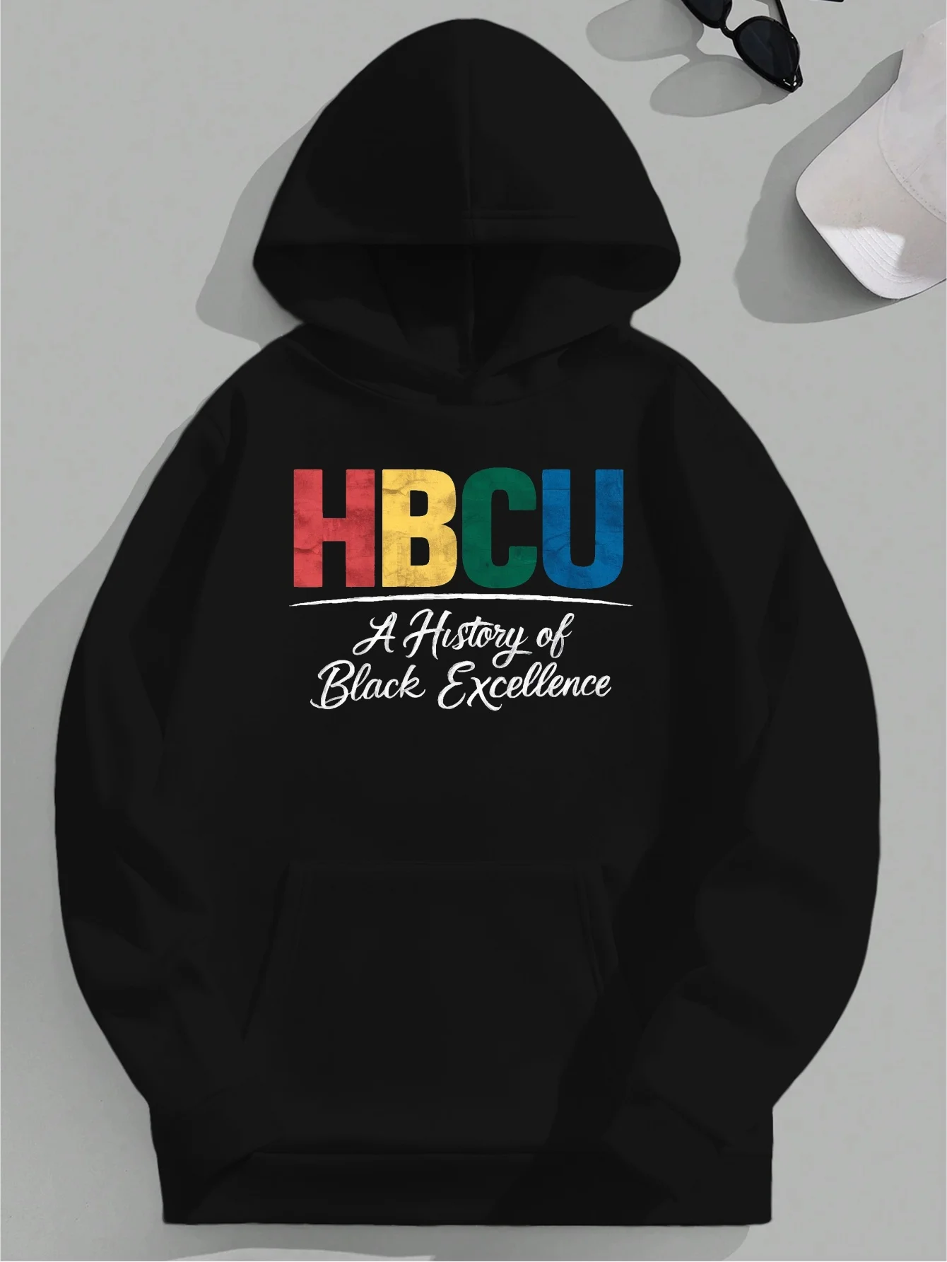 

Men's Plus Hbcu Inspired Hoodie- "black Excellence History" Design, Casual, Long Sleeve, Eometric Pattern, Reen with Colorful