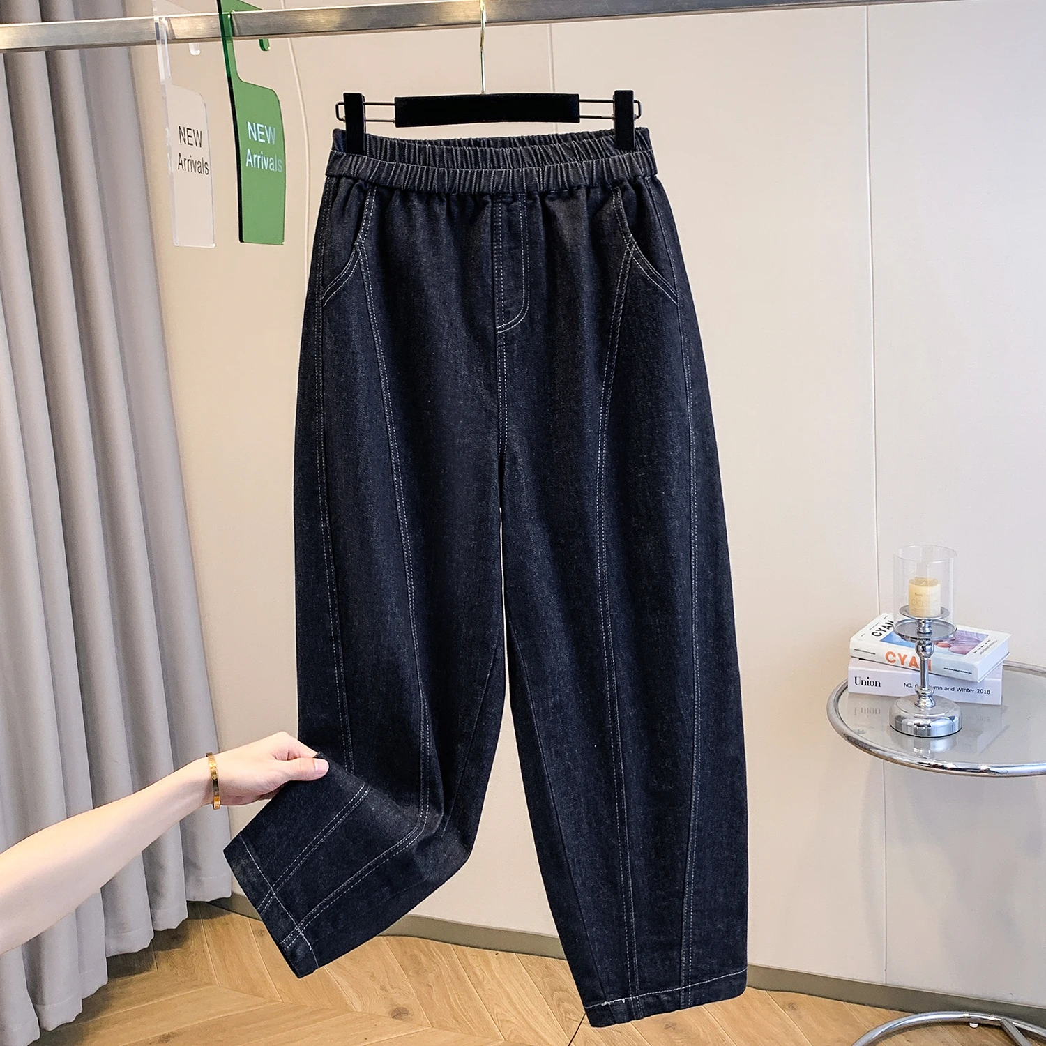 ハイウエストストレートレッグハーランデニムジーンズ、プラスサイズ女性向け、洋梨体型、レトロ、秋冬新作