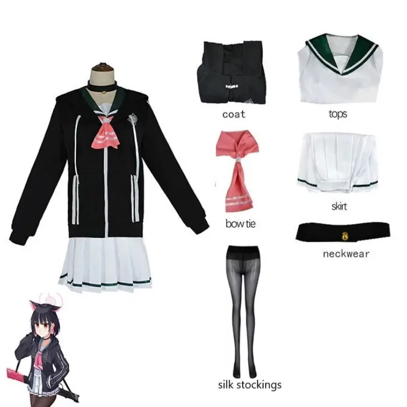 

Костюм для косплея Blue Archive Kyoyama Kazusa для женщин, черная девушка с капюшоном, костюм моряка, юбка, парик x;2,f;5.n;