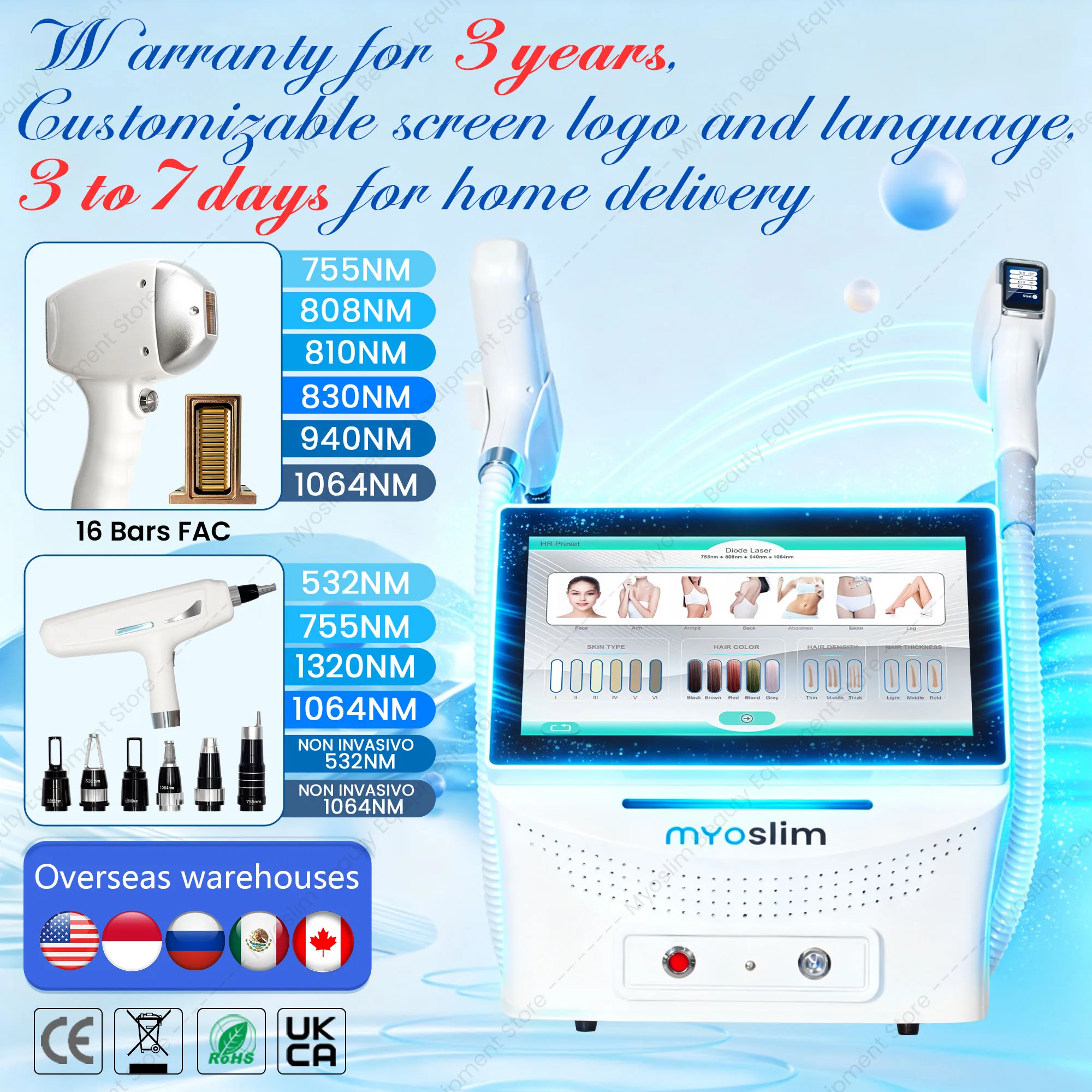 7000W Professional 2 IN 1 Diode Laser Hair Removal Machine Picosecond Qswitch ND YAG 1064NM Tattoo Removal Machine 4 Waves