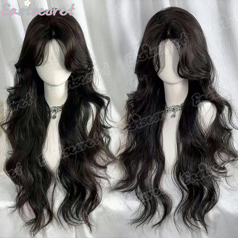 Black Synthetic Wig with Parted Long Wavy Hairstyle for Party, Halloween Cosplay, Everyday Use, High-Temperature Hair Accessory