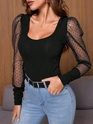 Spring and summer new style fashionable mesh splicing puff long sleeve solid color striped tight elegant top T-shirt for women