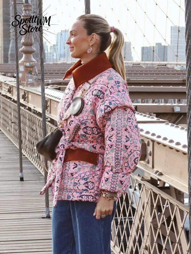 Women Contrast Lapel Collar Print Quilted Coat Vintage Pink Belt‑tie Waist Loose Fit Jacket Autumn Winter Commute Street Outfit