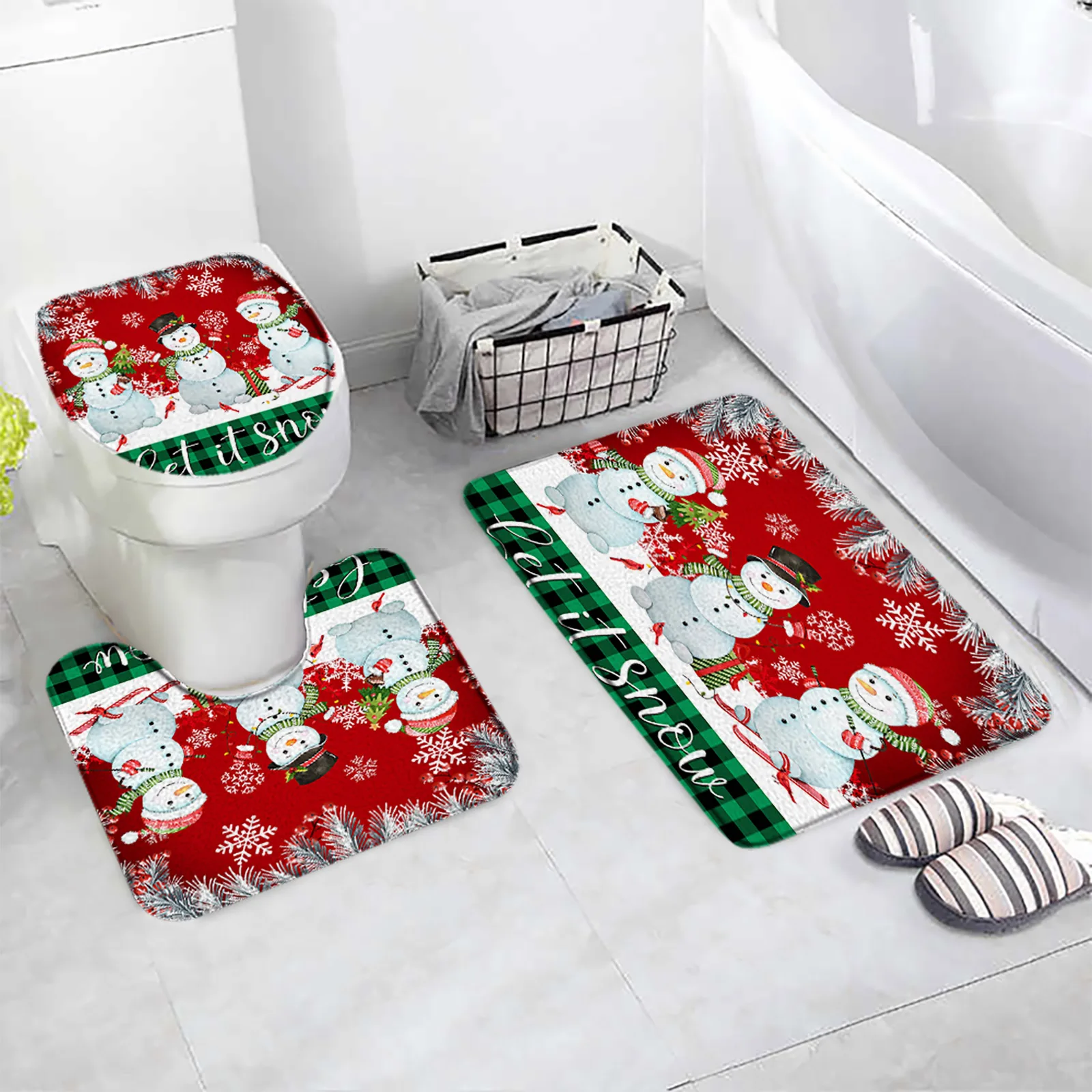 Christmas Bath Mat Set Funny Cartoon Snowman Rope Ball Pine Branch Red Xmas New Year Home Bathroom Decor Non-Slip Rug Toilet Lid