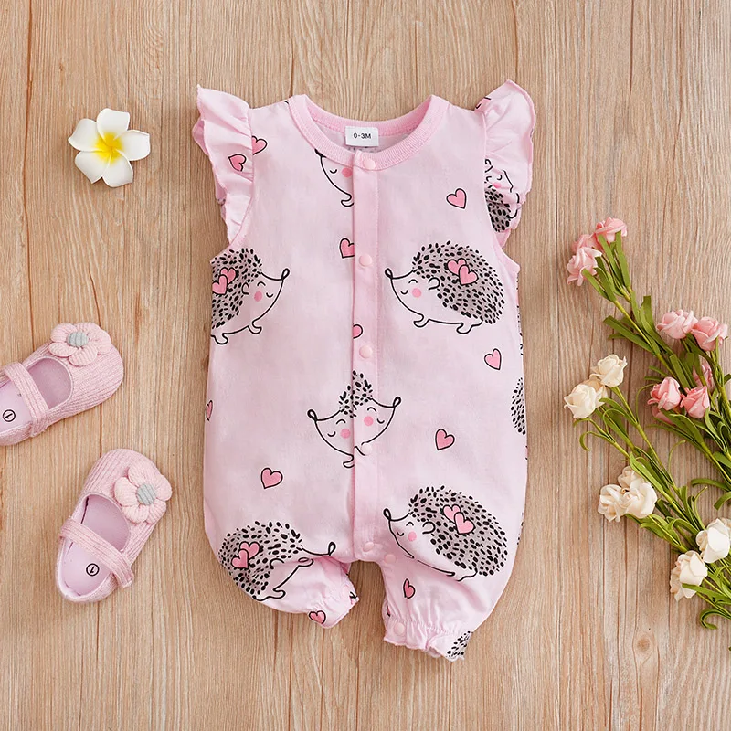 Pink hedgehog print baby clothes Newborn Baby Romper summer short sleeve One-piece cotton high quality For Toddler Outfits 0-18M