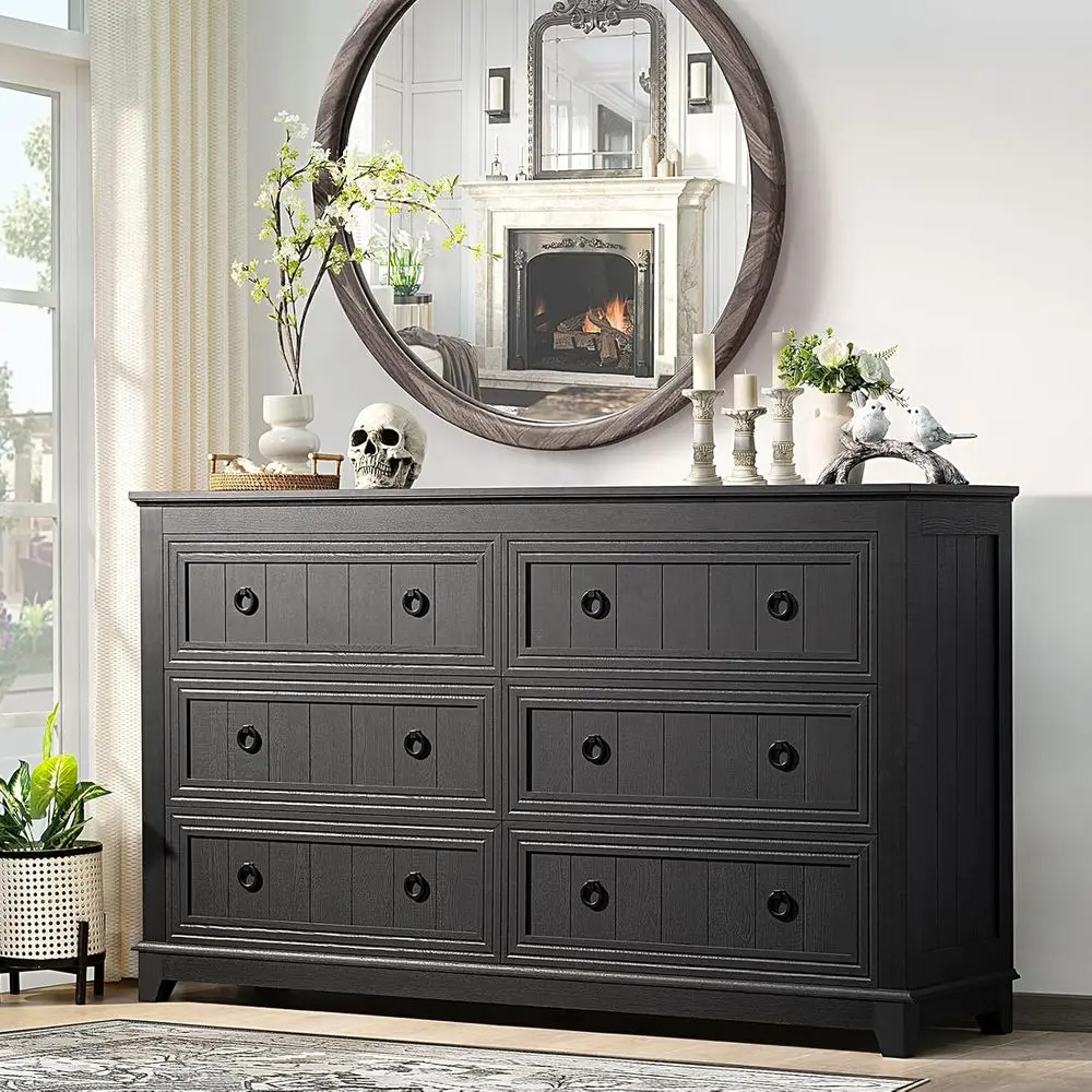 

Vintage 54 Wide Wood Drawer Chest for Bedroom, Living Room, and Hallway - Rustic Style, Black