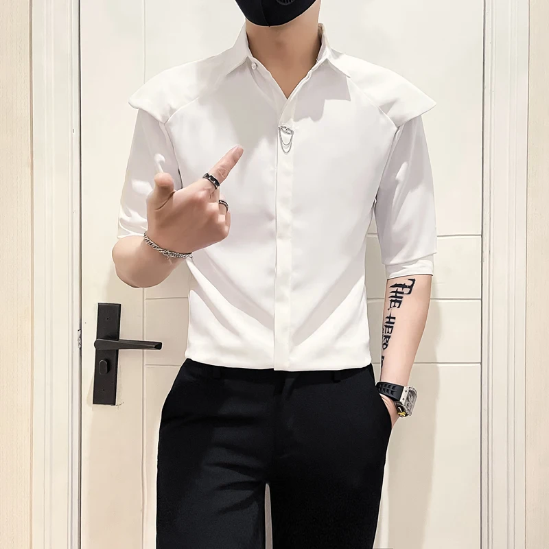 Luxury Shoulder Design Half Sleeved Man Dress Shirts Noble Style Button Solid Men Shirt Party Stage Dance Slim Fit Mens Clothing