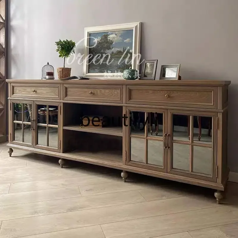 

French retro solid wood dining side cabinet integrated wall TV cabinet multi-functional storage cabinet6239