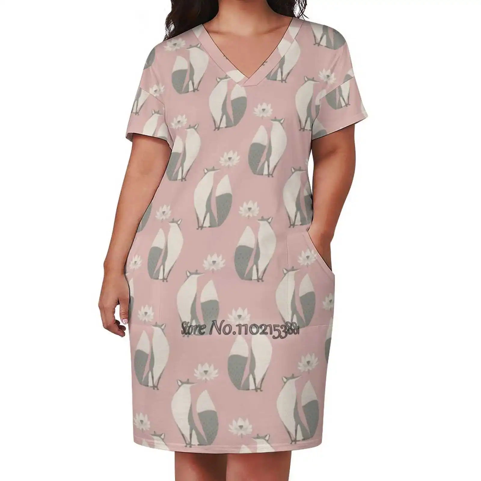 The Fox And The Lotus Flower V-Neck Short Sleeve Skirt Korean Kawaii Skirts Party Dresses Fox Pink Powder Lotus Flower Animal