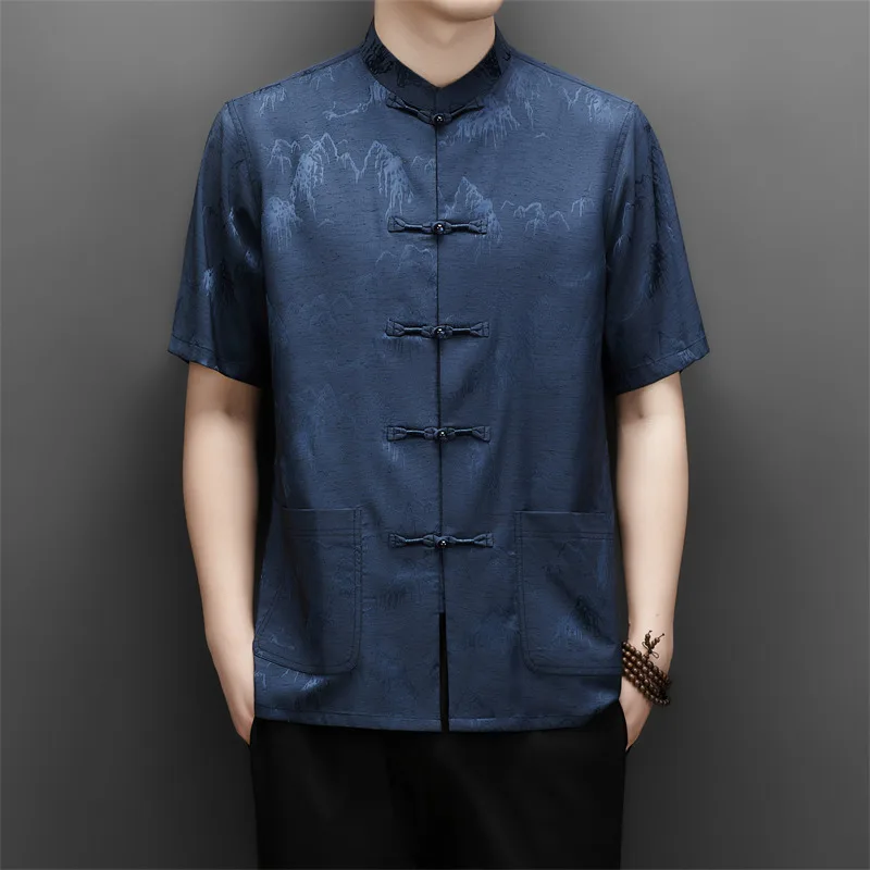 Polyester&Linen&Elastane Shirts For Men Short Sleeve Exquisite Summer Quality Frog Button Tang Costume Premium Camisas De Hombre