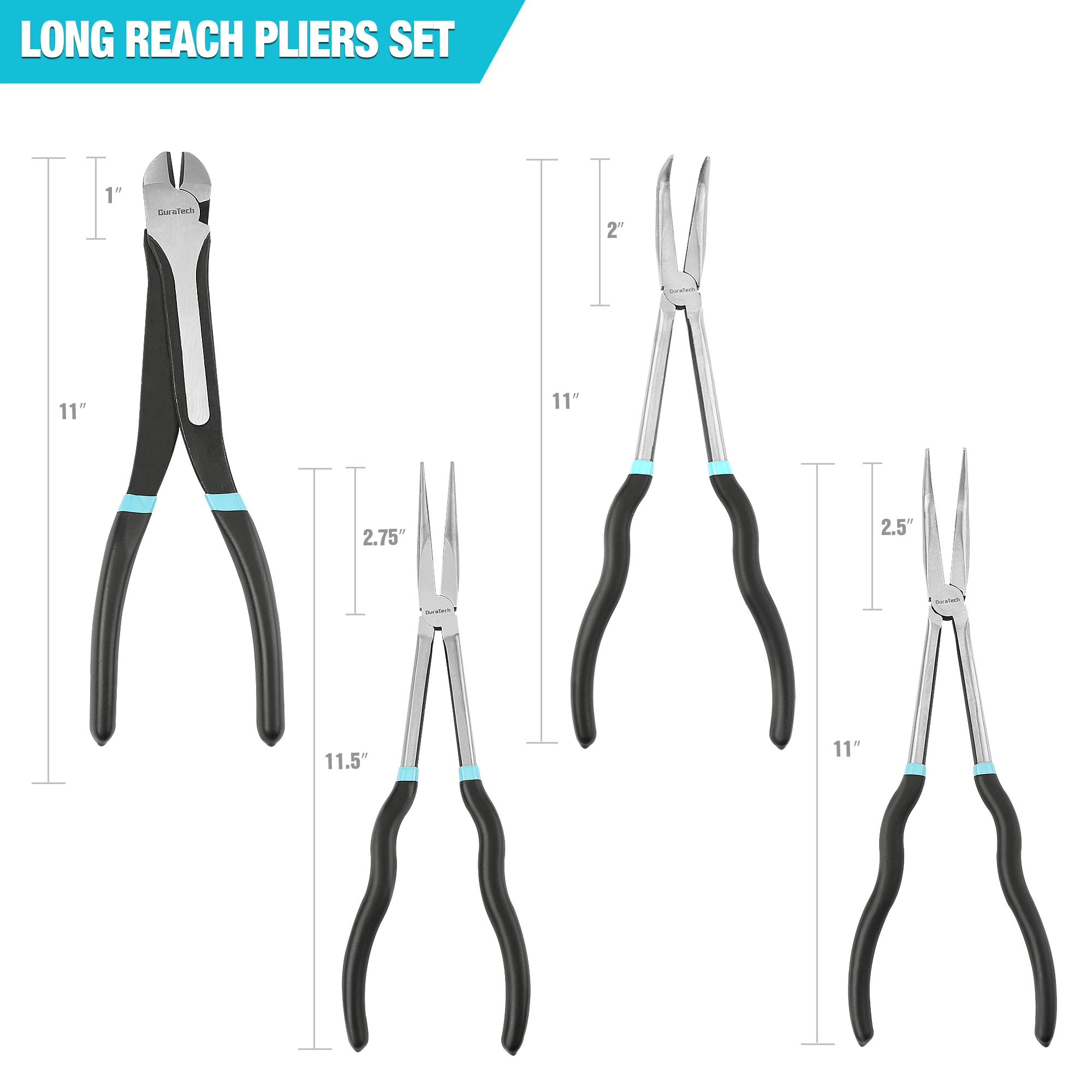 DURATECH 4 PCS Extra Long Needle Nose Pliers Set, Premium CRV Steel, 11