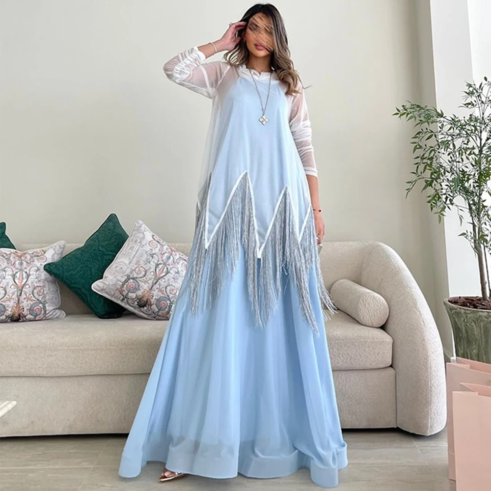 

Classic Chiffon O-Neck Evening Dress Graceful Long Sleeves Prom Dresses Luxury Chiffon Tasse Customized Special Occasion Gowns
