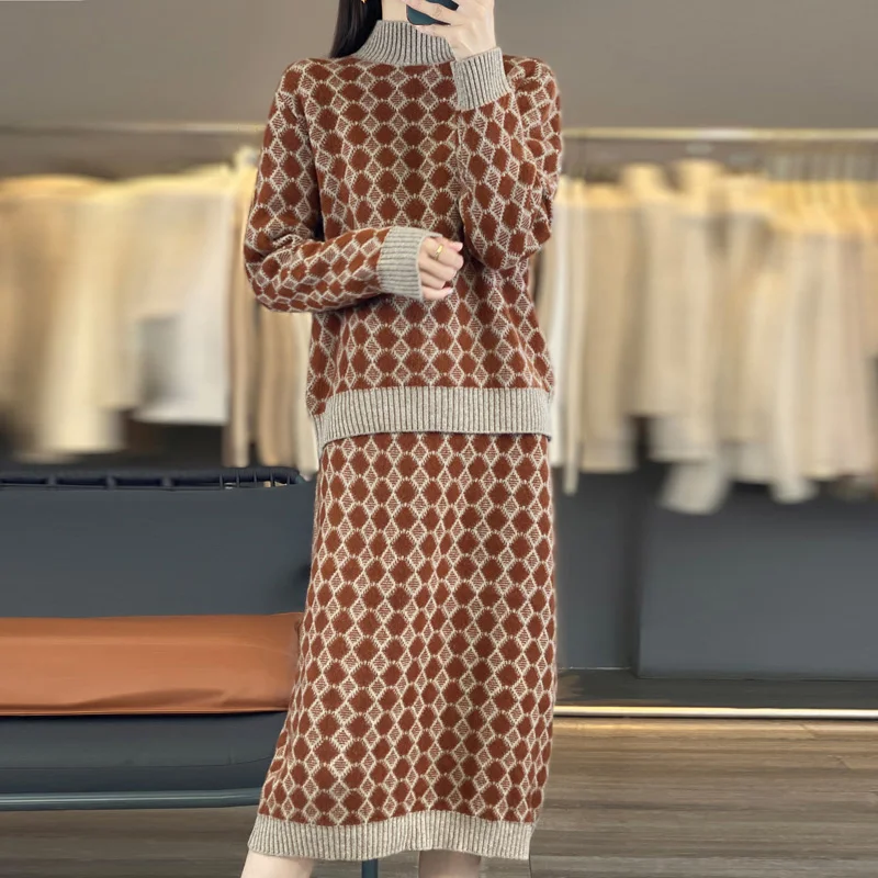 

100% Pure Wool Suit Autumn And Winter Style Half-High Collar Top And Skirt Diamond-Shaped Color-Blocked Sweater Two-Piece Set