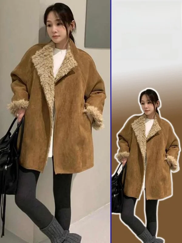 

Thiened Warm Fur Collar Leather And Fur Inteated Outerwear for Women Spring Autumn New Sle plus Size Ele Versatile Top