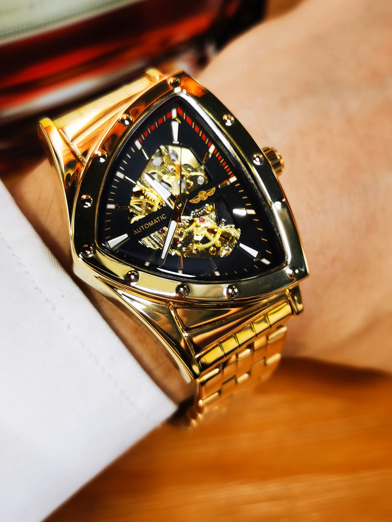 WINNER Military Triangle Skeleton Automatic Watch for Men Gold Sports Mechanical Watches Luxury Stainless Steel Strap Luminous