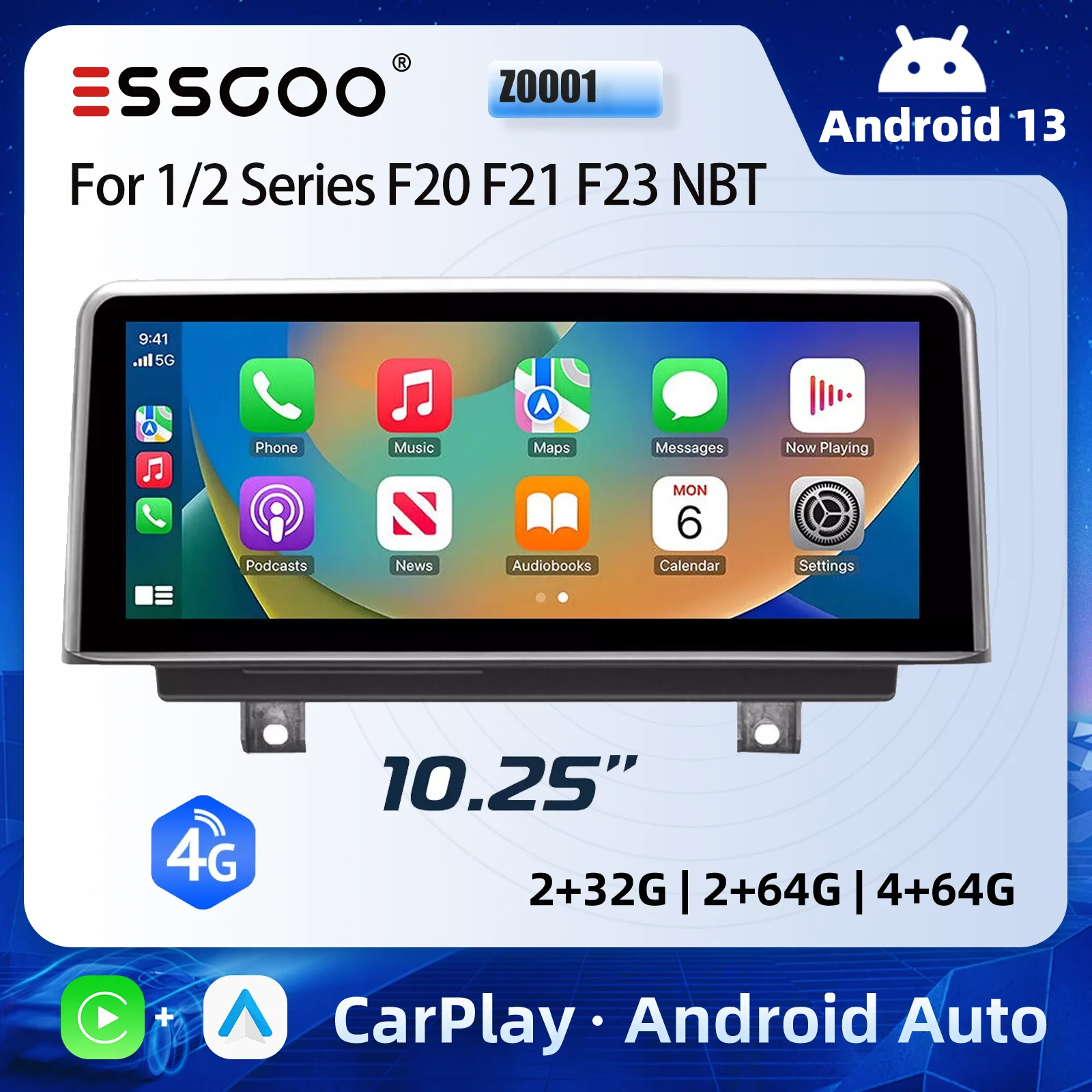 ESSGOO 4G CarPlay Car Stereo Radio 4+64GB 10.25