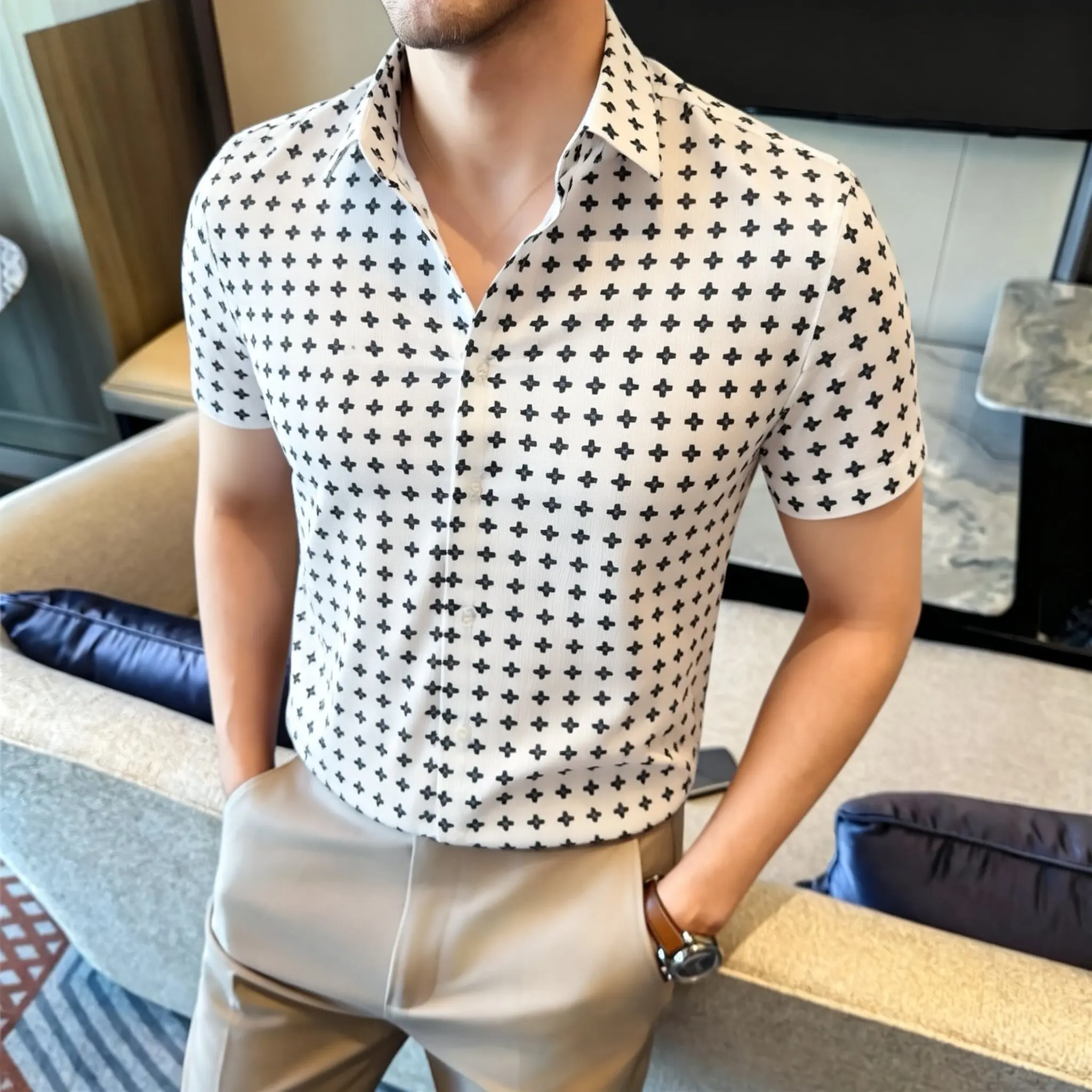 Men Ice Silk Short Sleeved Printed Shirt Fashionable and High-quality Business Slimming Social Banquet Shirt Plus Size Clothing