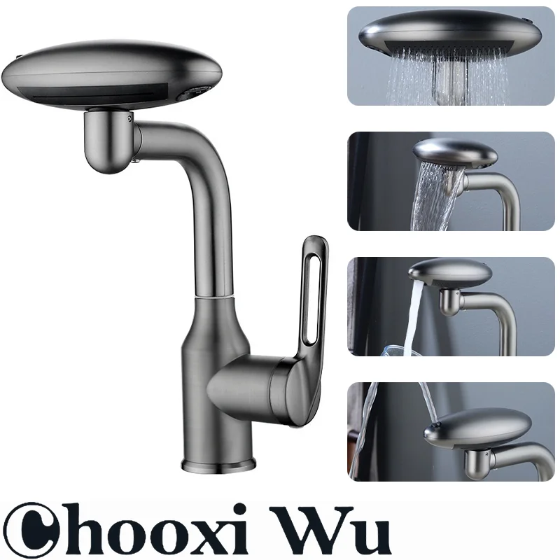 

Kitchen stainless steel basin faucet, unique flying saucer design, four-speed water flow mode, ceramic valve core