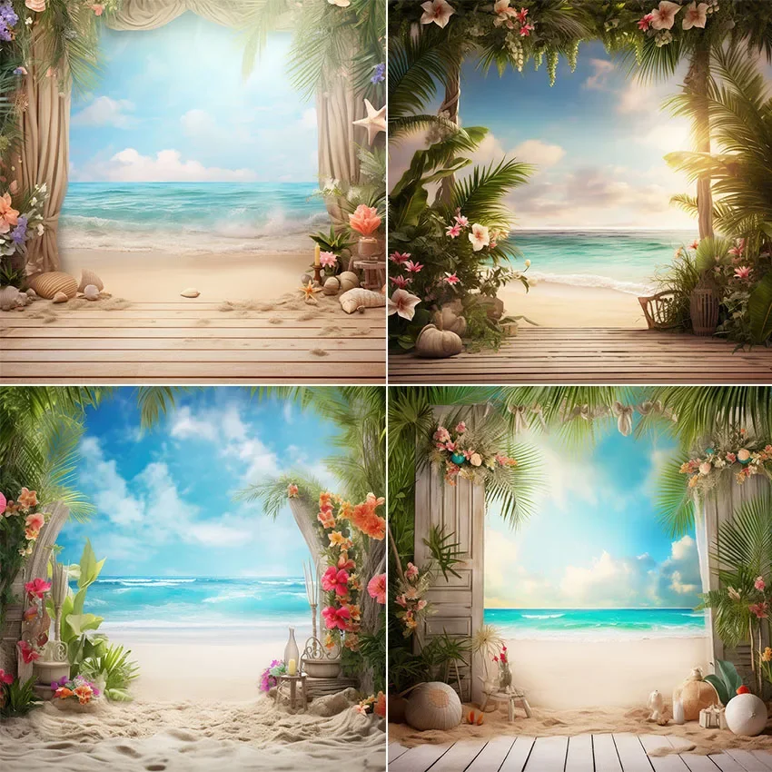 Mehofond Photography Background Summer Beach Seaside Tropical Flowers Kids Birthday Party Portrait Decor Backdrop Photo Studio